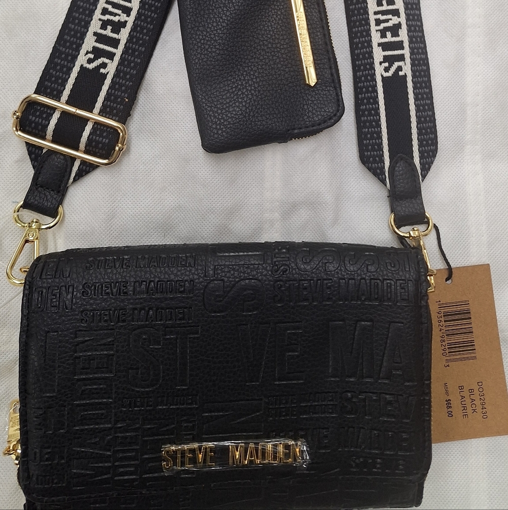 Steve Madden Blaurie Embossed Black Crossbody Bag with Coin Purse.